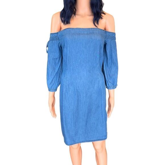 Warehouse Bardot Denim Bandeau Dress - Picture 2 of 8